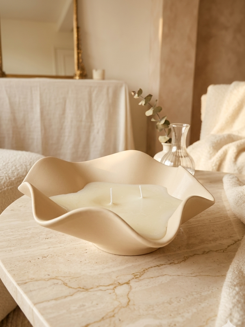 Handmade sculptural multi-wick candle in a wavy free-form bowl with a warm cream natural stone look finish, styled on a marble table