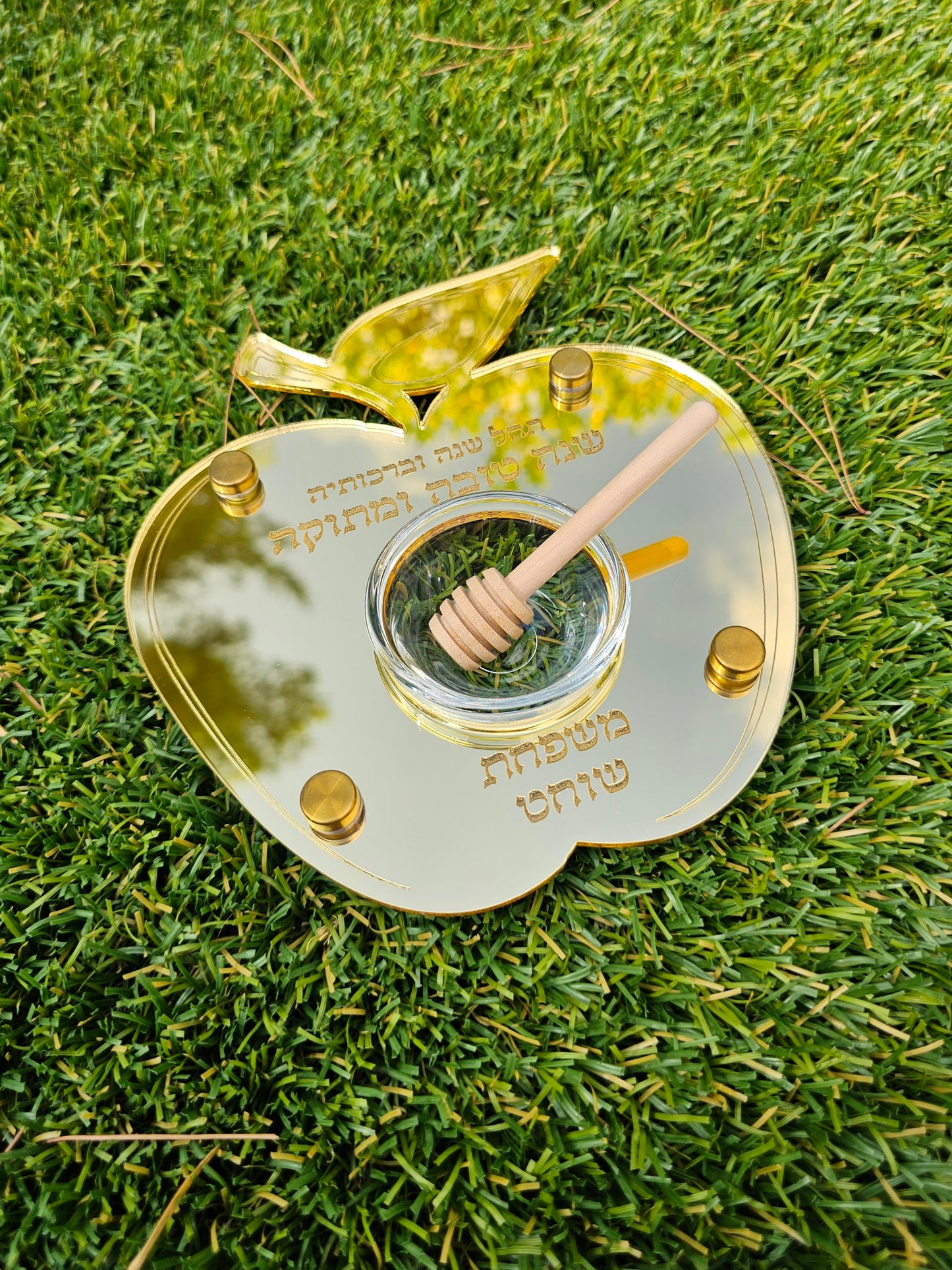 Gold mirrored apple honey dish with glass bowl and wooden dipper photographed outdoors on grass