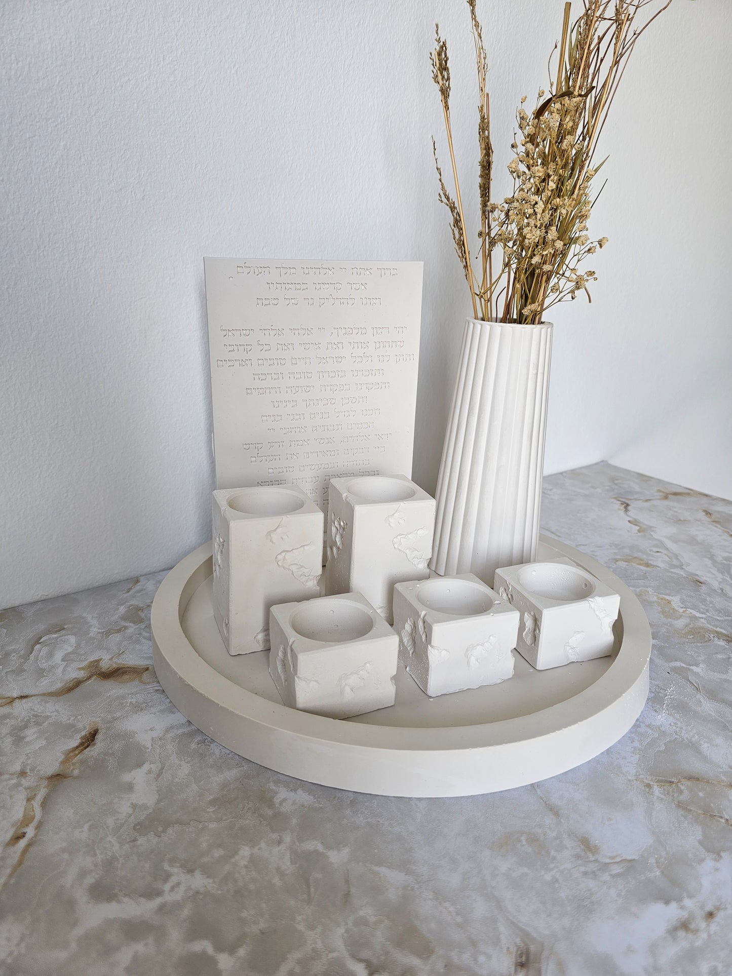 White Terrazzo Style Shabbat Candle Set with Tray & Vase