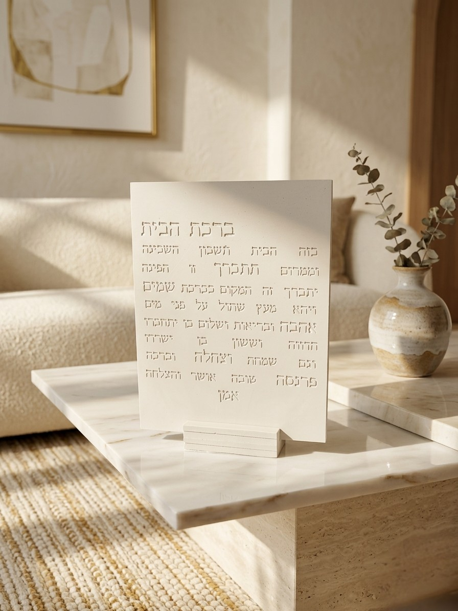 Stone-look Birkat HaBayit Hebrew house blessing plaque on a stand on a marble table, handmade Jewish home decor by Gifts LA