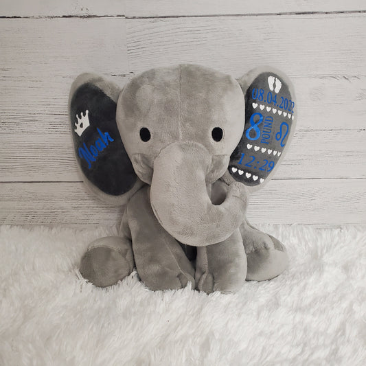 Elephant Stuffed Animal With Personalized Name and Birth Date, New Baby Welcome Gift, Newborn Gift For Baby Girl, Birth Announcement.