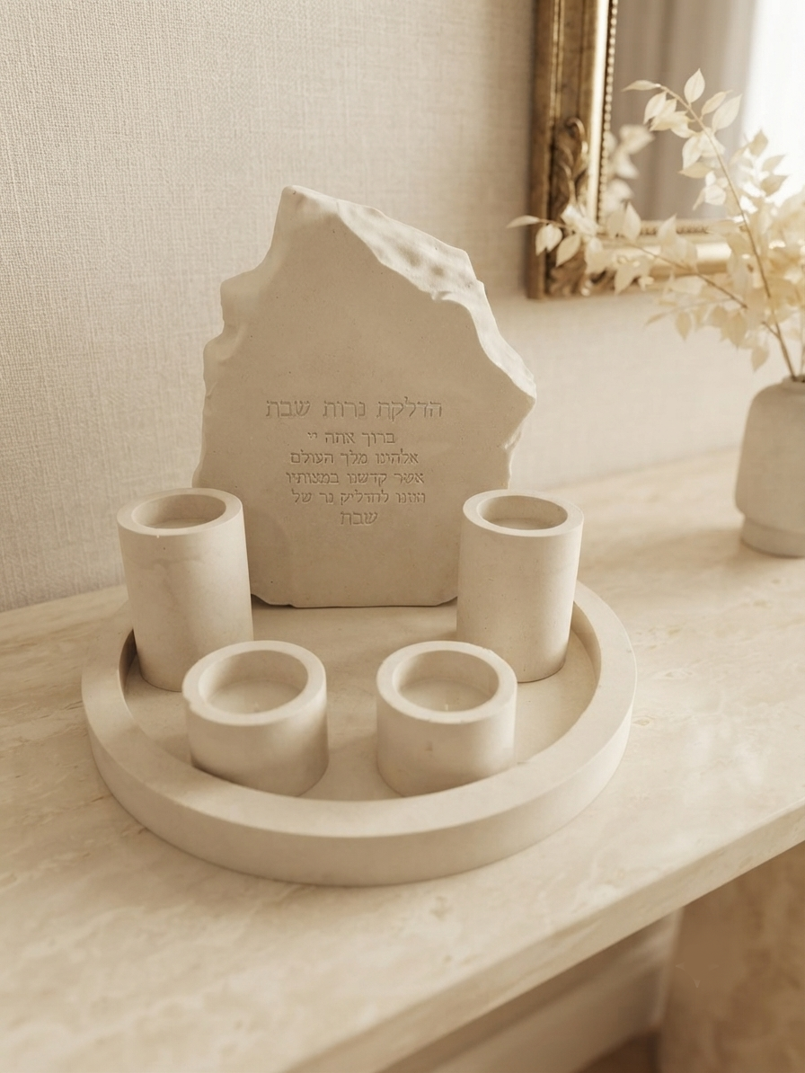 Shabbat Candle Lighting Set — Raw Edge Blessing Plaque & Round Tray | Handmade Natural Stone Look