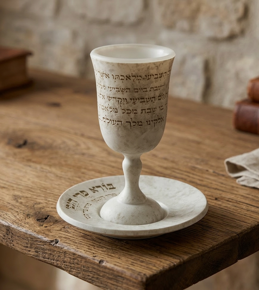 Natural stone look Kiddush cup engraved with the full Shabbat Kiddush blessing on matching saucer — handmade Judaica