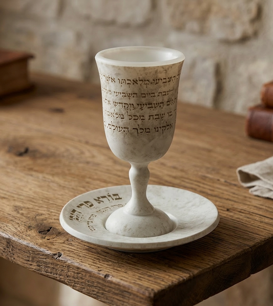 Natural stone look Kiddush cup engraved with the full Shabbat Kiddush blessing on matching saucer — handmade Judaica