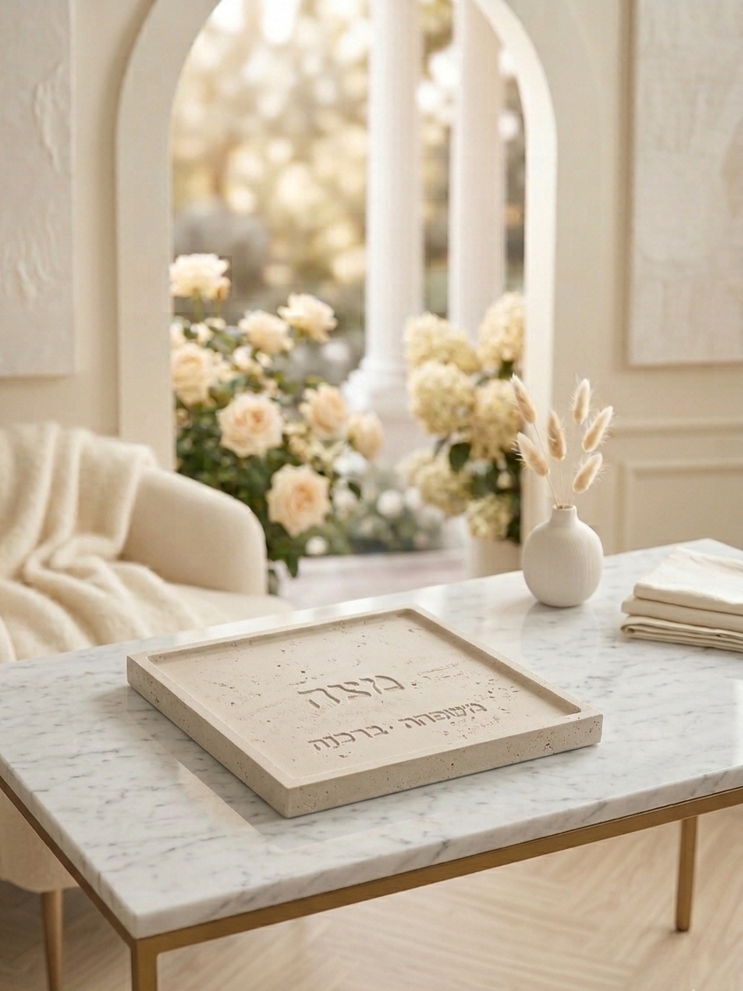 Natural stone look Matzah plate styled on marble table for Passover Seder — elegant handmade Judaica gift