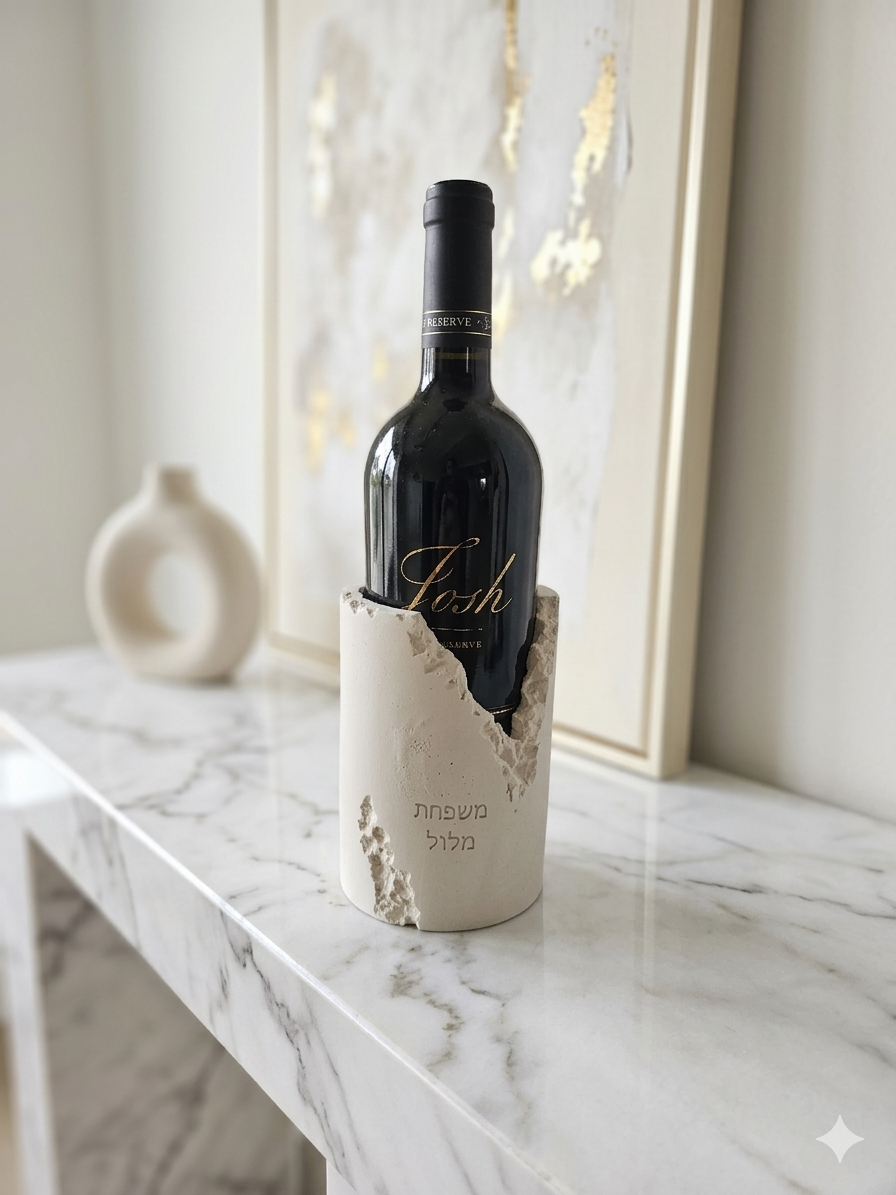 Personalized stone-look concrete wine bottle holder with custom Hebrew family-name engraving, handmade by Gifts LA