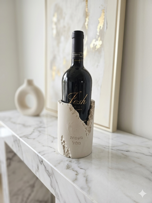Personalized stone-look concrete wine bottle holder with custom Hebrew family-name engraving, handmade by Gifts LA