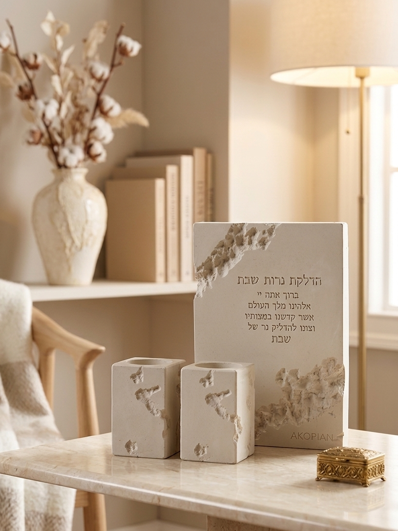 Terrazzo Shabbat Candle Lighting Prayer with Candle Holders
