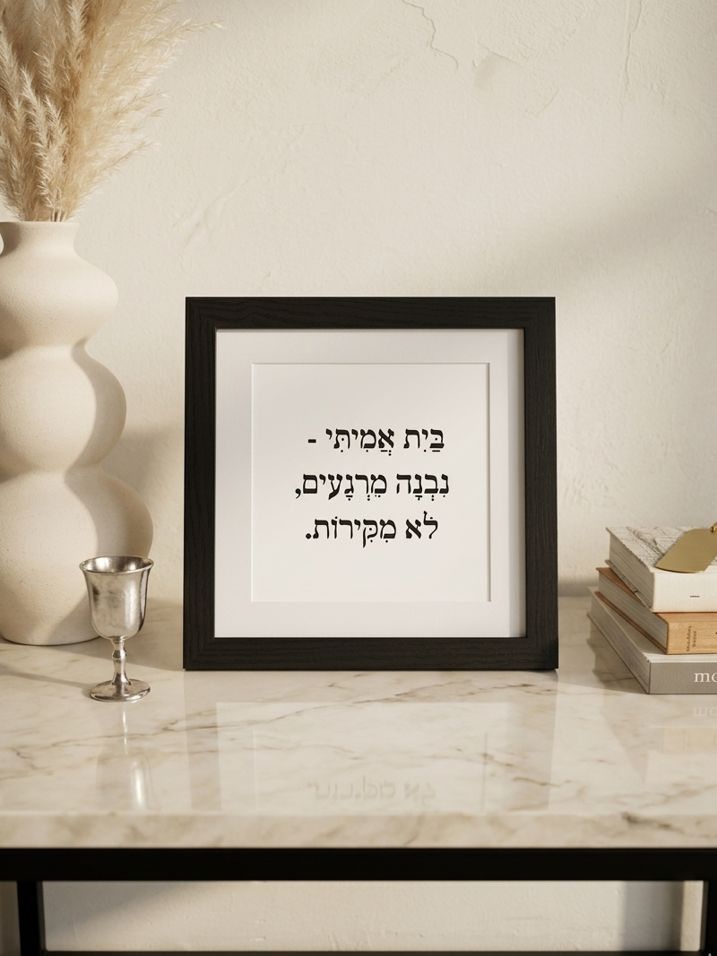 Framed Hebrew quote wall art print in a sleek black frame with white mat, displayed as modern Jewish home decor