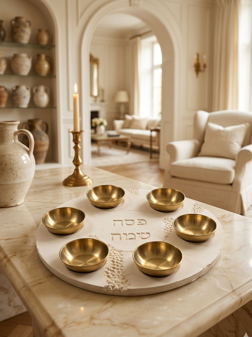 Modern stone look Passover Seder plate with 6 gold bowls engraved Pesach Sameach — styled on marble table, handmade Judaica