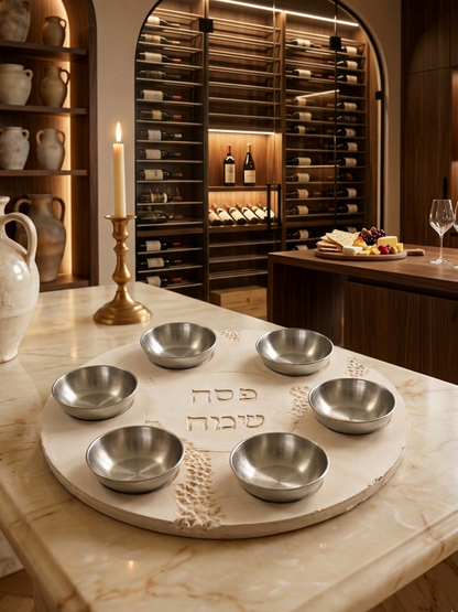 Modern stone look Pesach Seder plate with 6 silver bowls and Hebrew Pesach Sameach engraving in elegant wine cellar setting