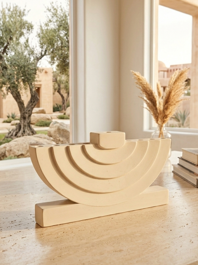 Large modern Hanukkah menorah with nine candle holders in a contemporary natural stone look design