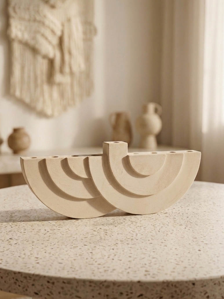 Modern arch-shaped Hanukkah menorah with handcrafted concrete look finish and nine candle holders