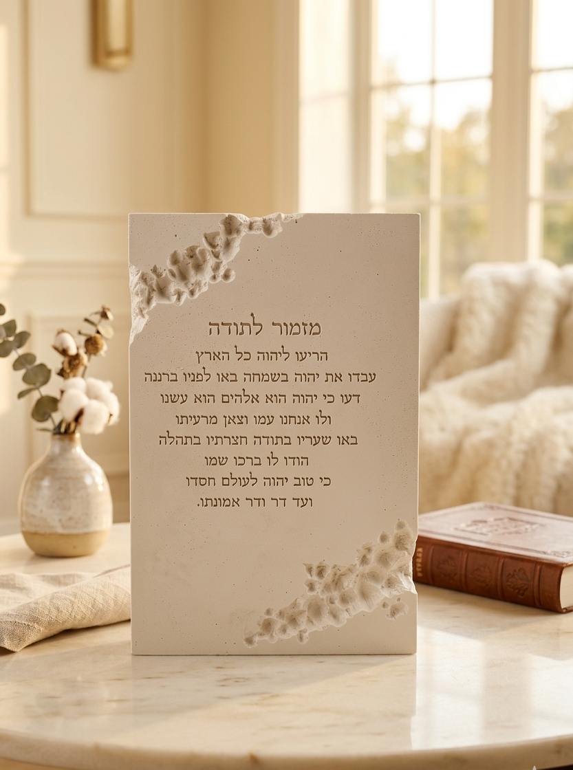 Stone-look Mizmor Le Toda Psalm of Thanksgiving plaque with sculpted floral edge on a marble table, handmade Jewish decor by Gifts LA