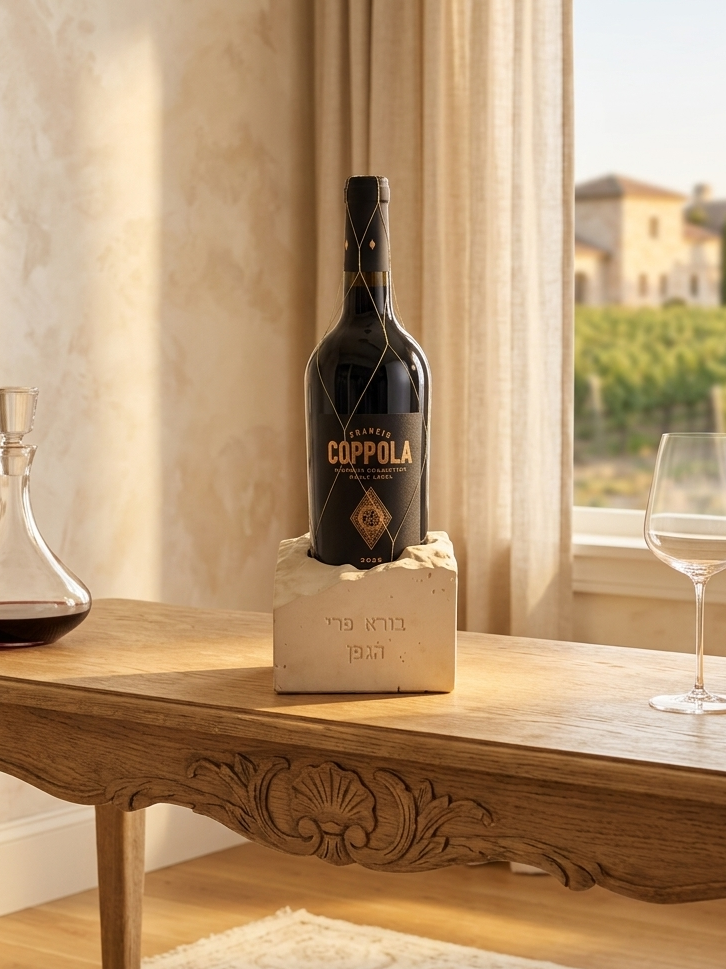 Square stone look wine holder engraved with Hebrew blessing בורא פרי הגפן, holding a wine bottle on a wood table