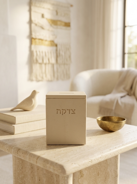 Handmade Tzedakah box with Hebrew inscription צדקה in natural stone look cream finish, displayed on a marble entryway table