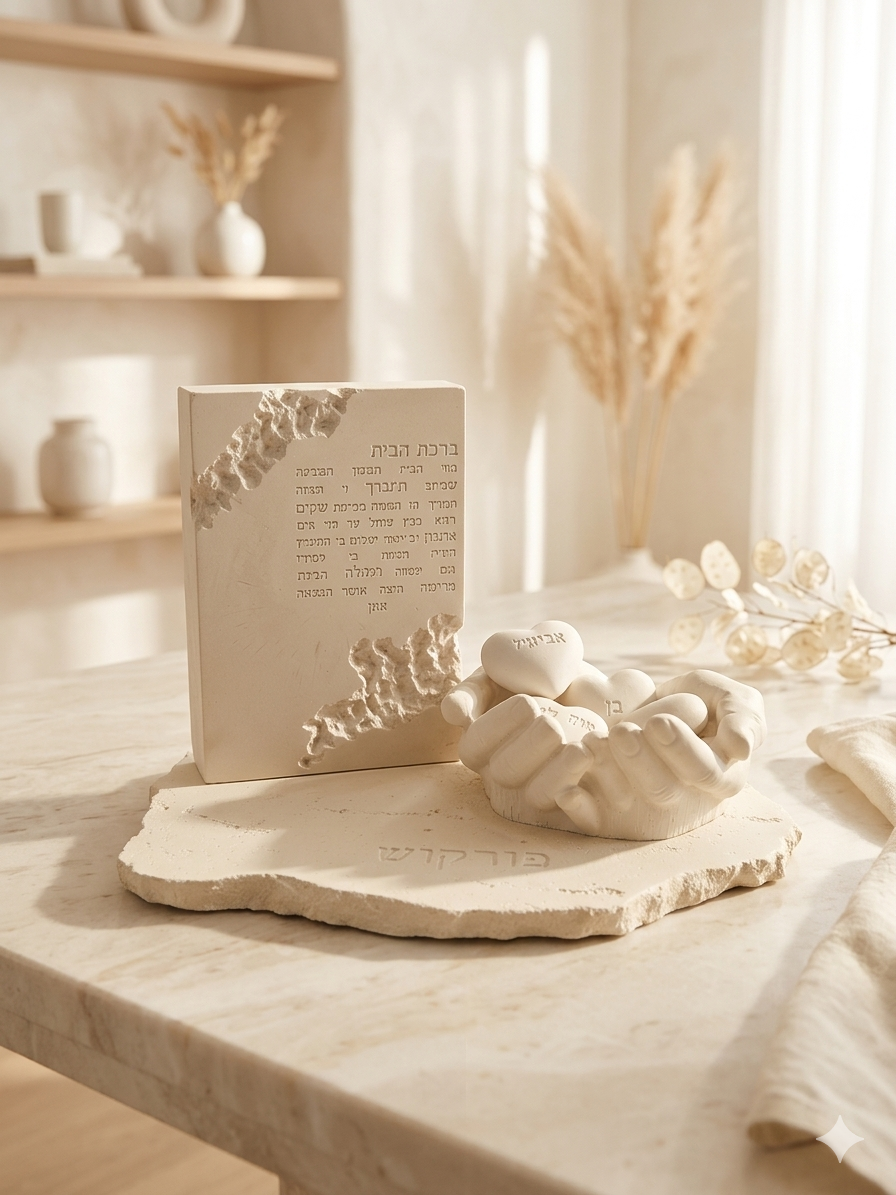 Handmade stone look Birkat HaBayit family centerpiece with engraved Hebrew home blessing and Hearts-in-Hands design