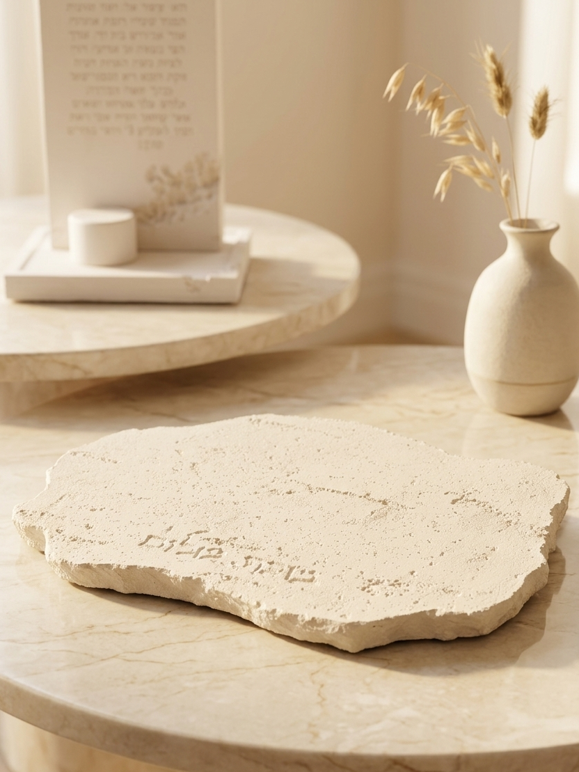 Handmade stone look Birkat HaBayit family centerpiece with engraved Hebrew home blessing and Hearts-in-Hands design