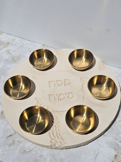 Top view of stone look Passover Seder plate engraved Pesach Sameach with 6 gold stainless steel bowls — handmade Judaica