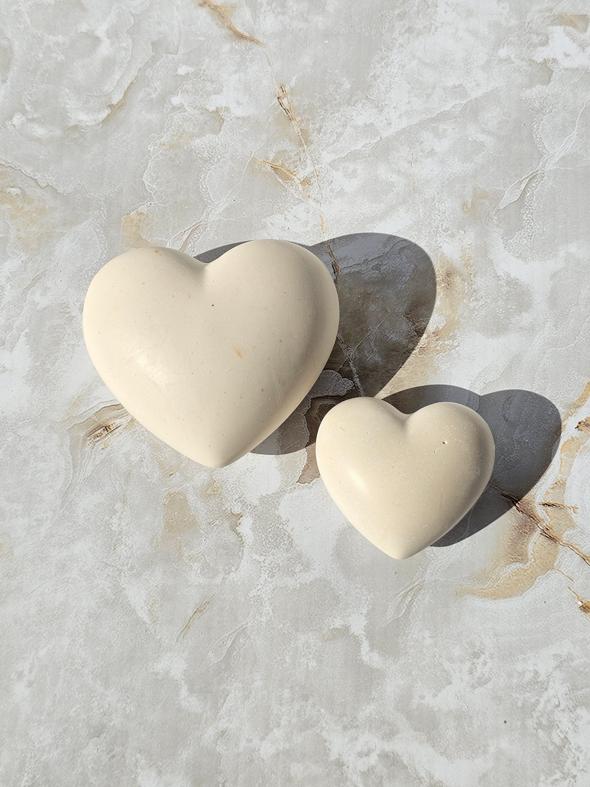 Pair of natural stone look Hebrew blessing hearts in two sizes on marble — handmade Judaica decor gift