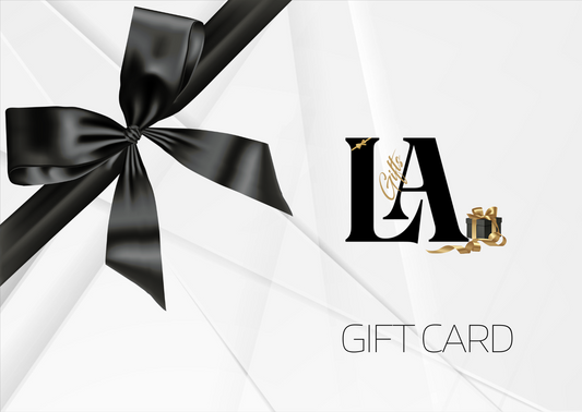 Gift card with black ribbon and logo on white background