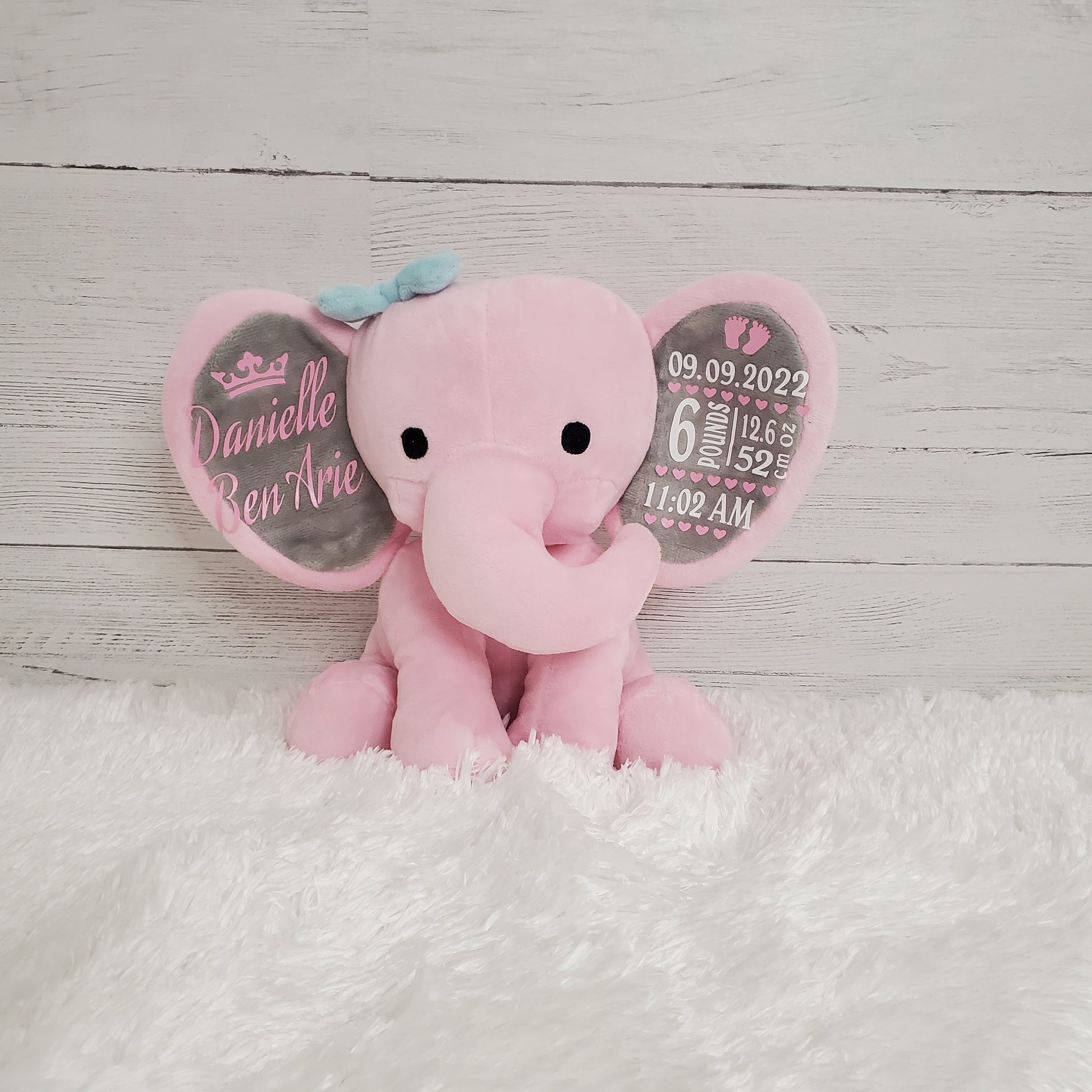 Elephant Stuffed Animal With Personalized Name and Birth Date, New Baby Welcome Gift, Newborn Gift For Baby Girl, Birth Announcement.