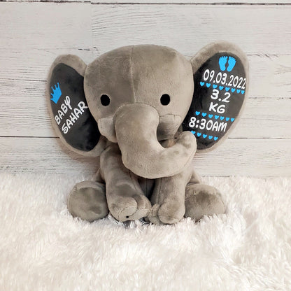 Elephant Stuffed Animal With Personalized Name and Birth Date, New Baby Welcome Gift, Newborn Gift For Baby Girl, Birth Announcement.