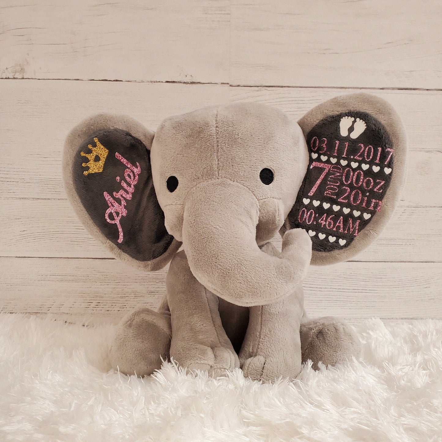 Elephant Stuffed Animal With Personalized Name and Date Of Birth, Stuffed Elephant With Announcement, Stuffed Elephant for Baby