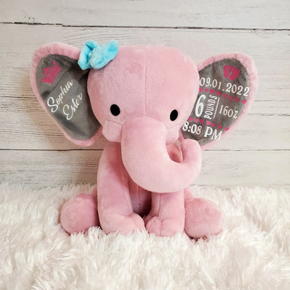 Elephant Stuffed Animal With Personalized Name and Date Of Birth, Stuffed Elephant With Announcement, Stuffed Elephant for Baby
