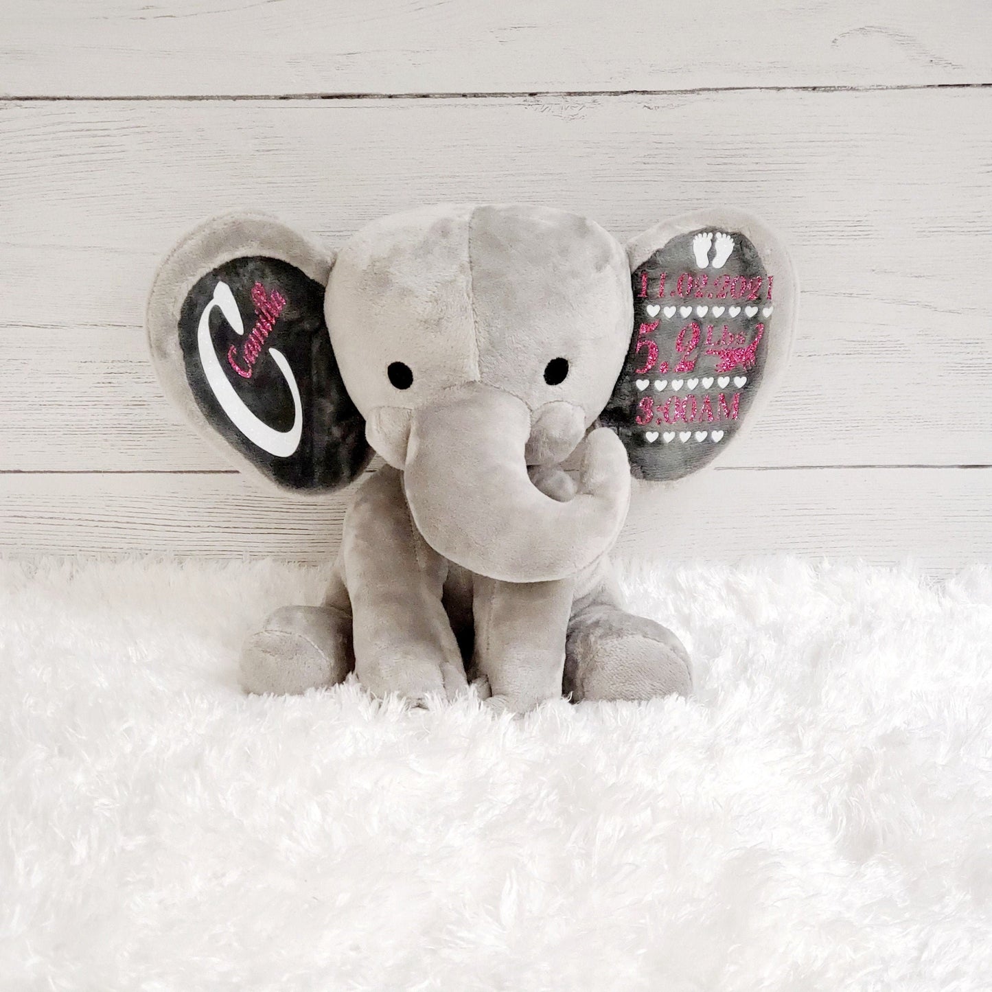 Elephant Stuffed Animal With Personalized Name and Date Of Birth, Stuffed Elephant With Announcement, Stuffed Elephant for Baby