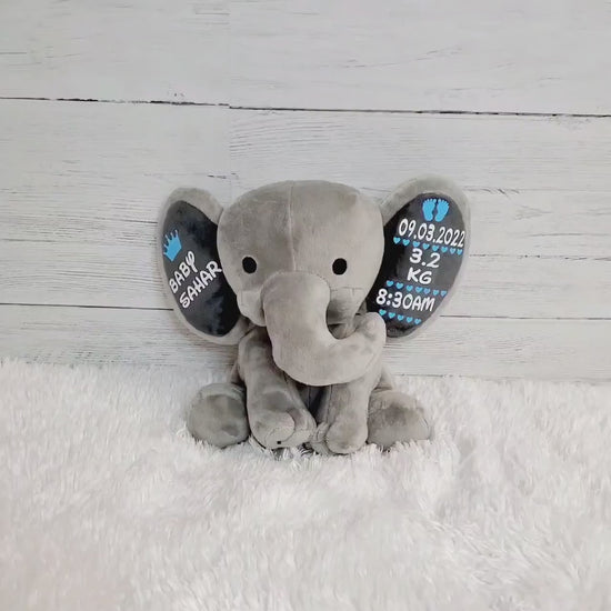 Elephant Stuffed Animal With Personalized Name and Birth Date,  New Baby Welcome Gift, Newborn Gift For Baby Girl, Birth Announcement.