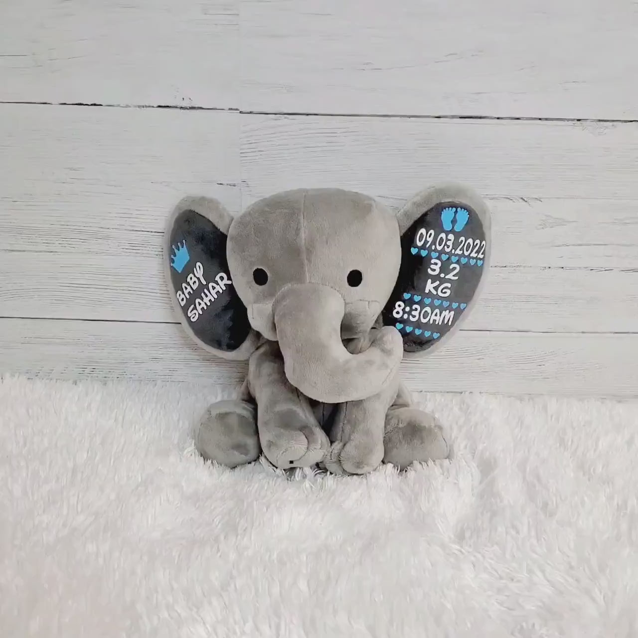 Elephant Stuffed Animal With Personalized Name and Birth Date,  New Baby Welcome Gift, Newborn Gift For Baby Girl, Birth Announcement.
