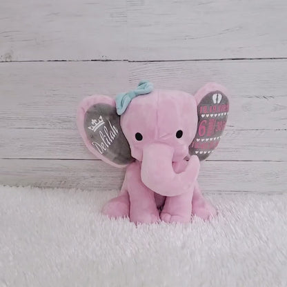Elephant Stuffed Animal With Personalized Name and Date Of Birth, Stuffed Elephant With Announcement, Stuffed Elephant for Baby