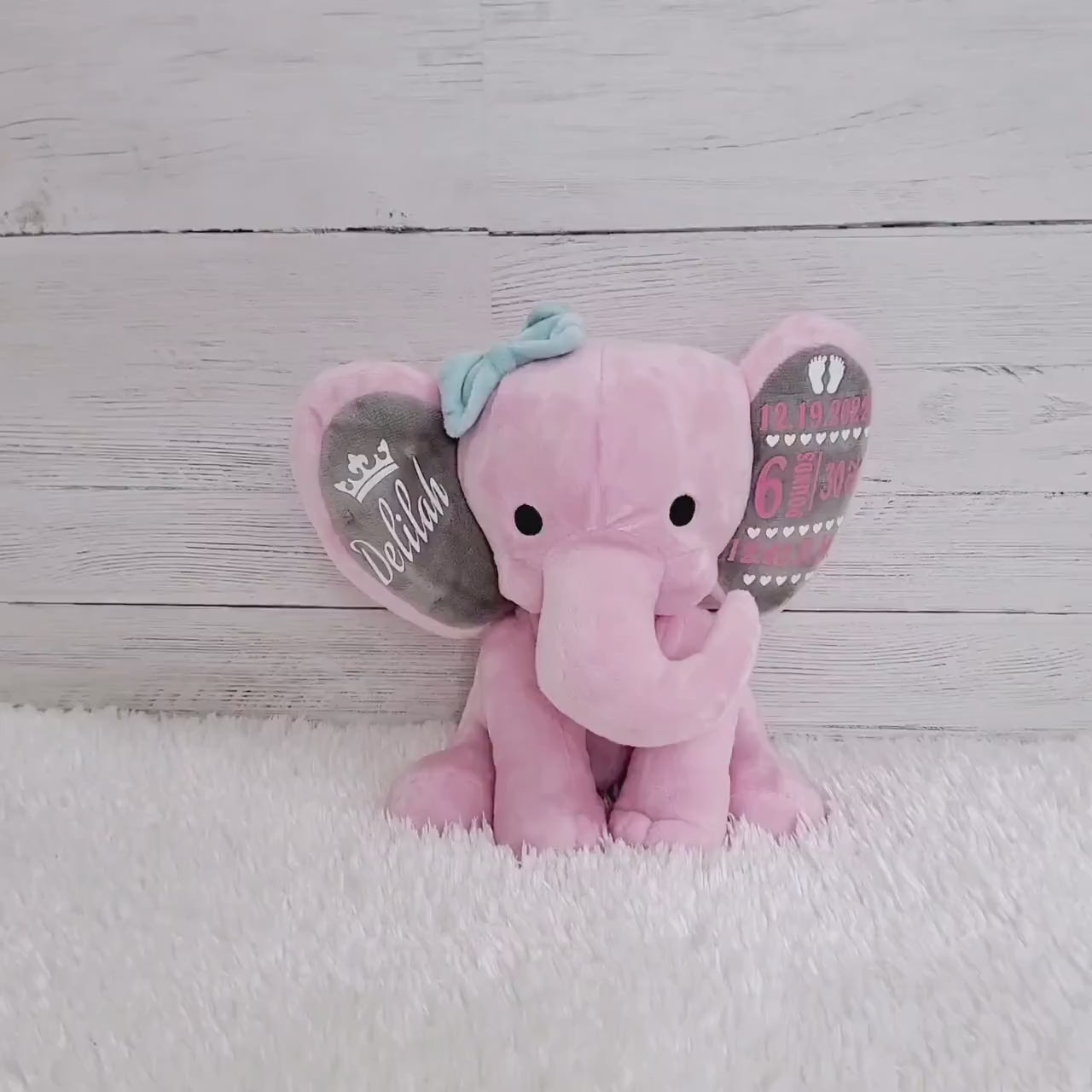 Elephant Stuffed Animal With Personalized Name and Date Of Birth, Stuffed Elephant With Announcement, Stuffed Elephant for Baby