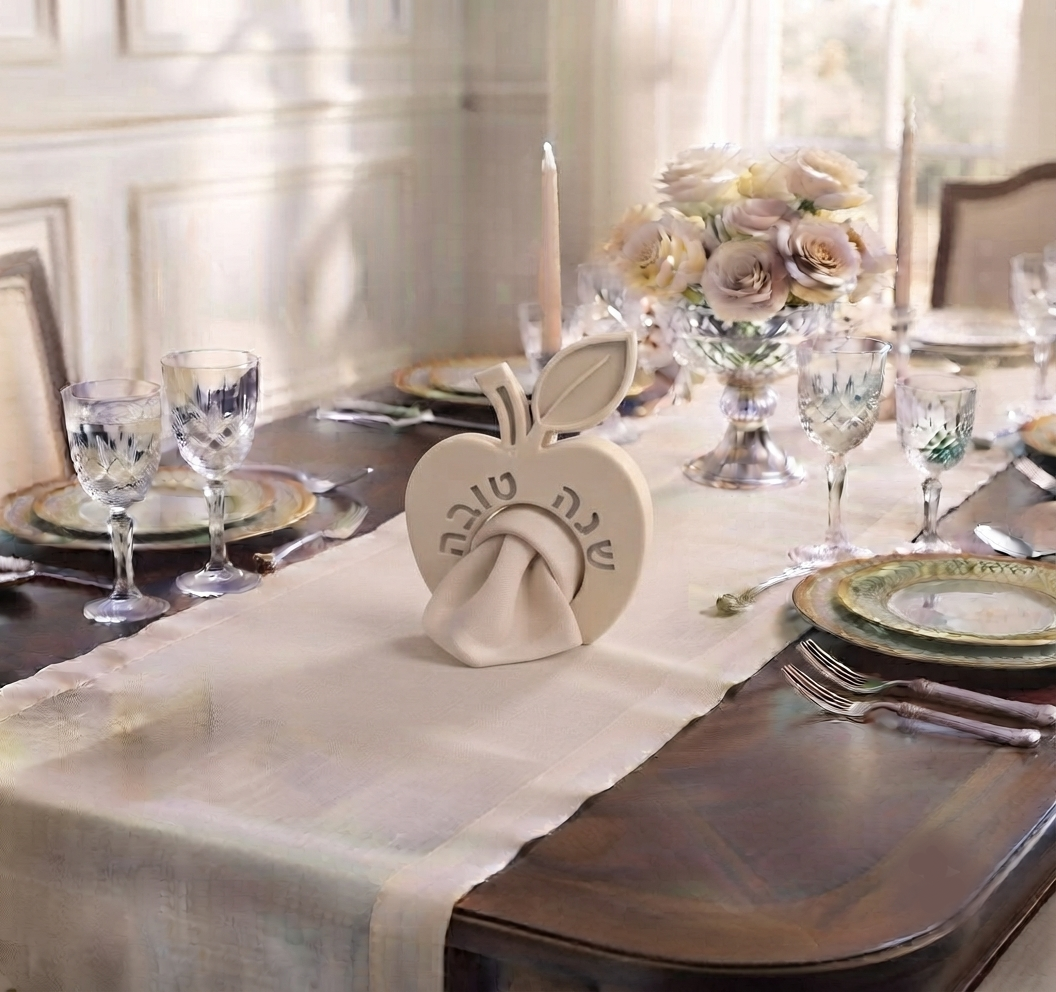 Rosh Hashanah Napkin Rings — Pomegranate & Apple | Handmade Natural Stone Look Judaica