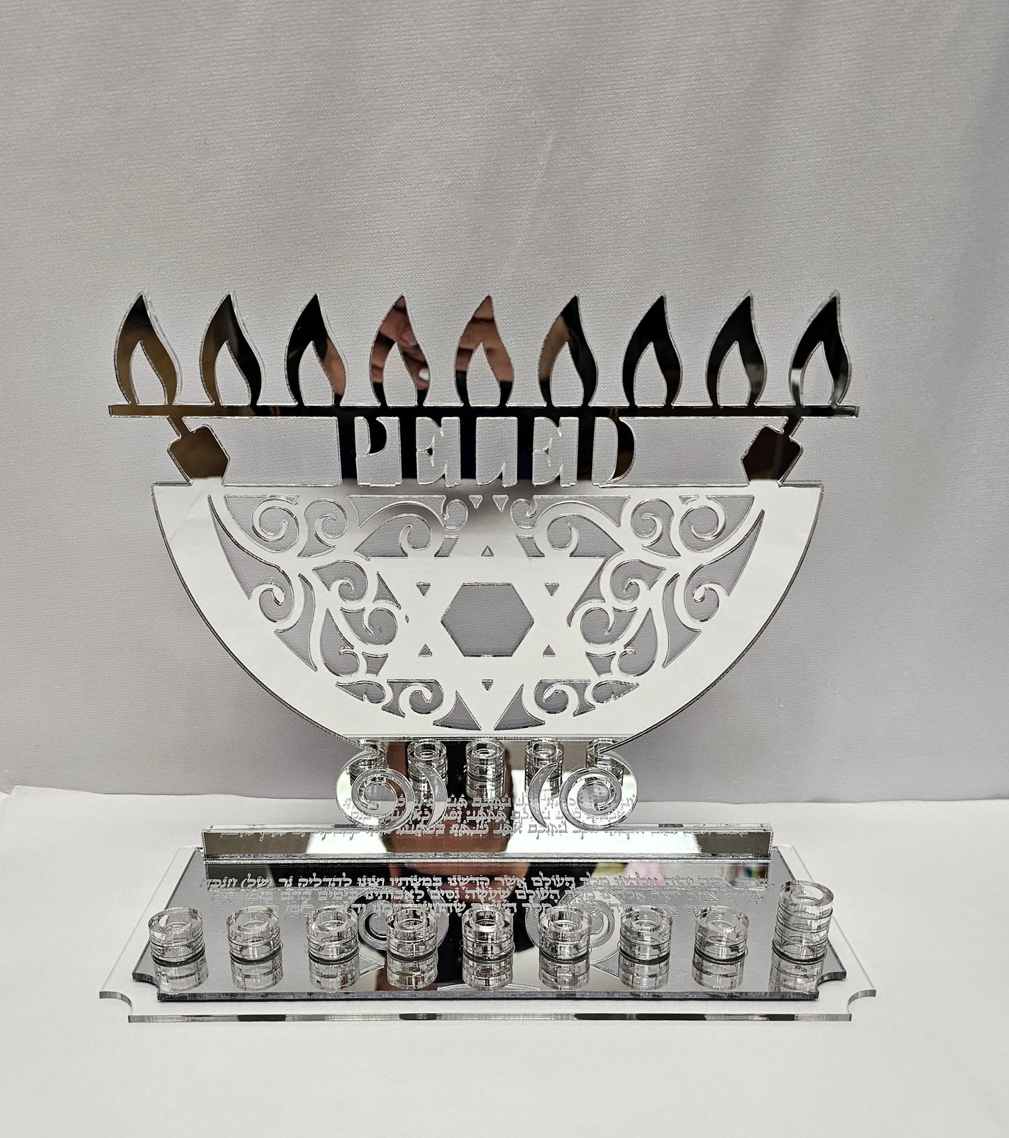 Personalized acrylic menorah with custom family name – modern Hanukkah centerpiece