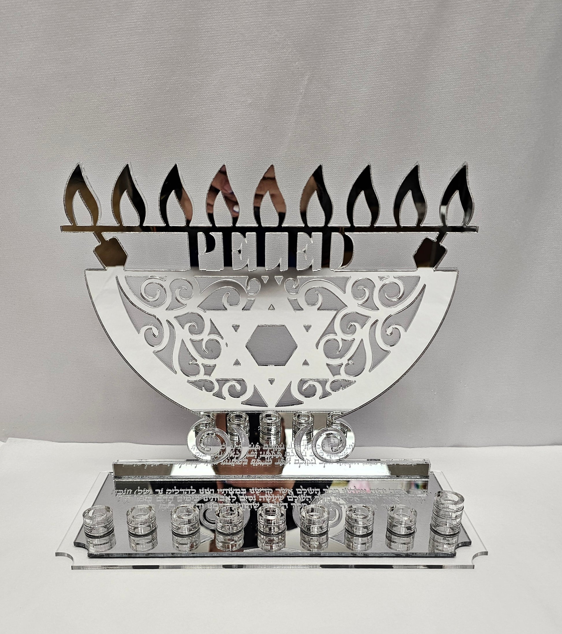 Personalized acrylic menorah with custom family name – modern Hanukkah centerpiece