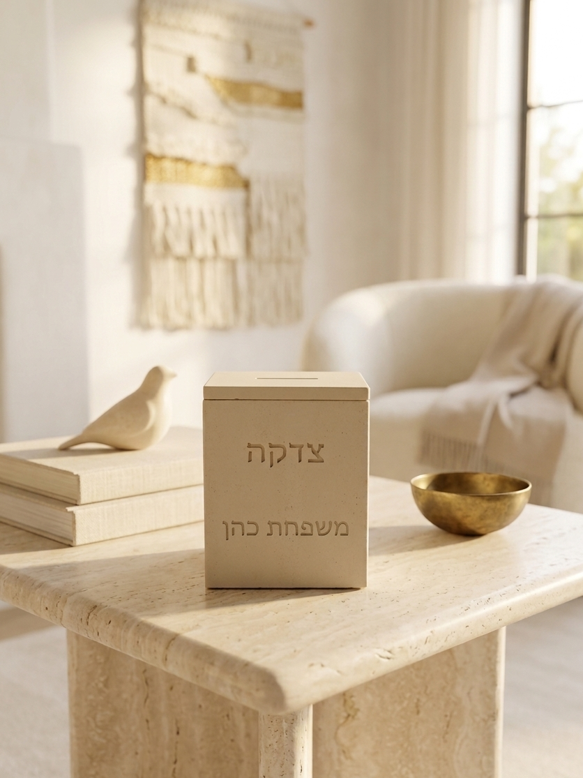 Personalized Tzedakah box engraved with Hebrew family name משפחת כהן and צדקה inscription, natural stone look finish