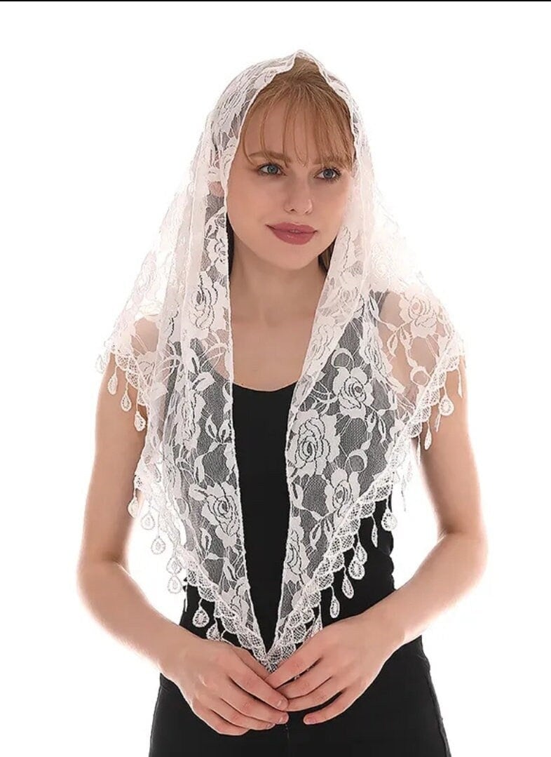 White headband Tichel, Head Scarf,Jewish headcovering, Mantilla, Triangle lace veil, mitpachat, Judica